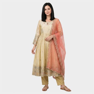 Women's Cream Keyhole Neck Embroidered Anarkali Ethnic Set