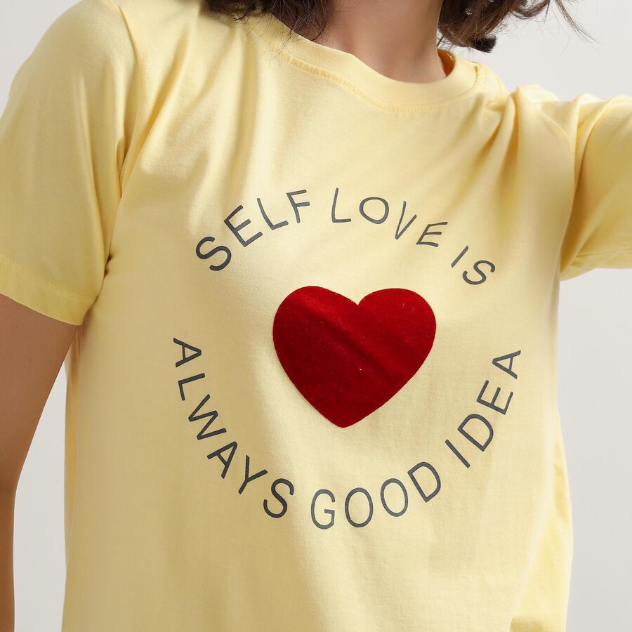 Women's Bright Yellow Cotton Round Neck Graphic Print T-Shirt, Yellow, large