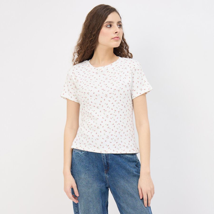 Women's Ivory Cotton Round Neck Minimalist T-Shirt, ऑफ व्हाइट, large