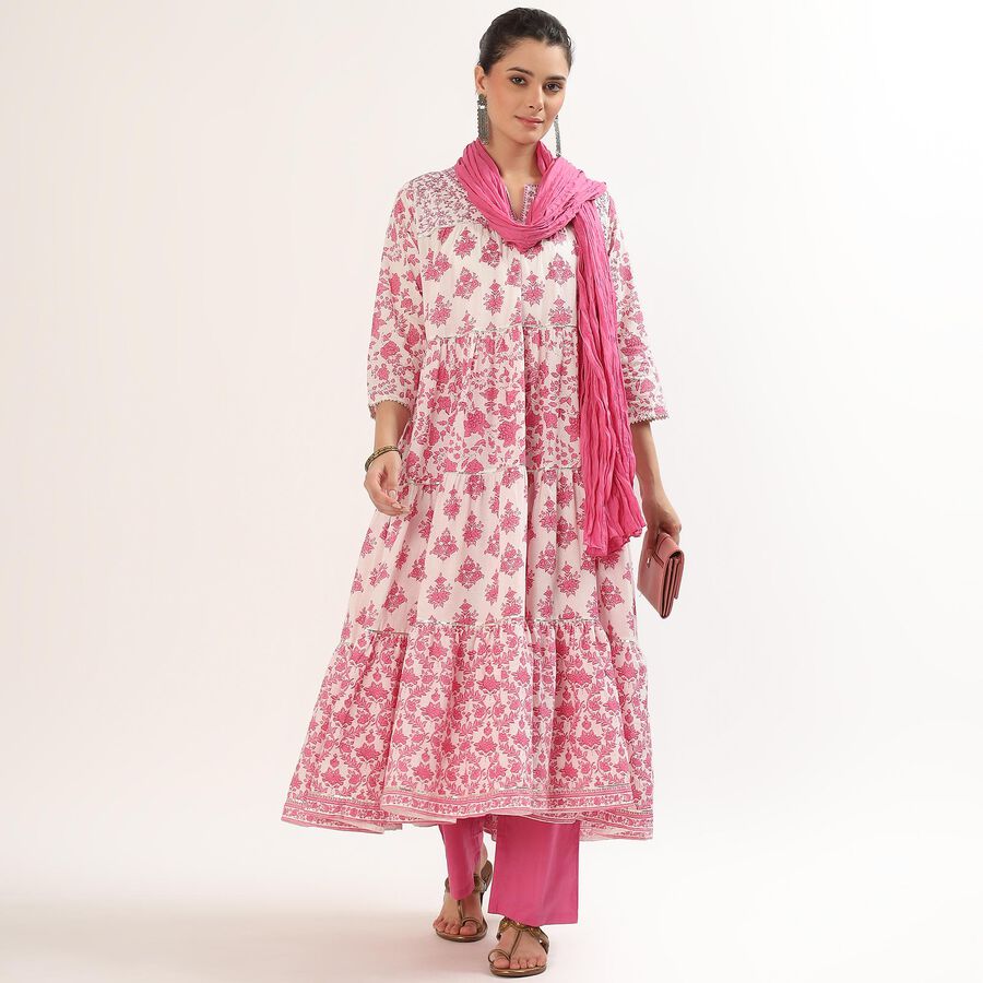 Women's Pink Cotton Floral Printed Ethnic Set, हल्का गुलाबी, large image number null