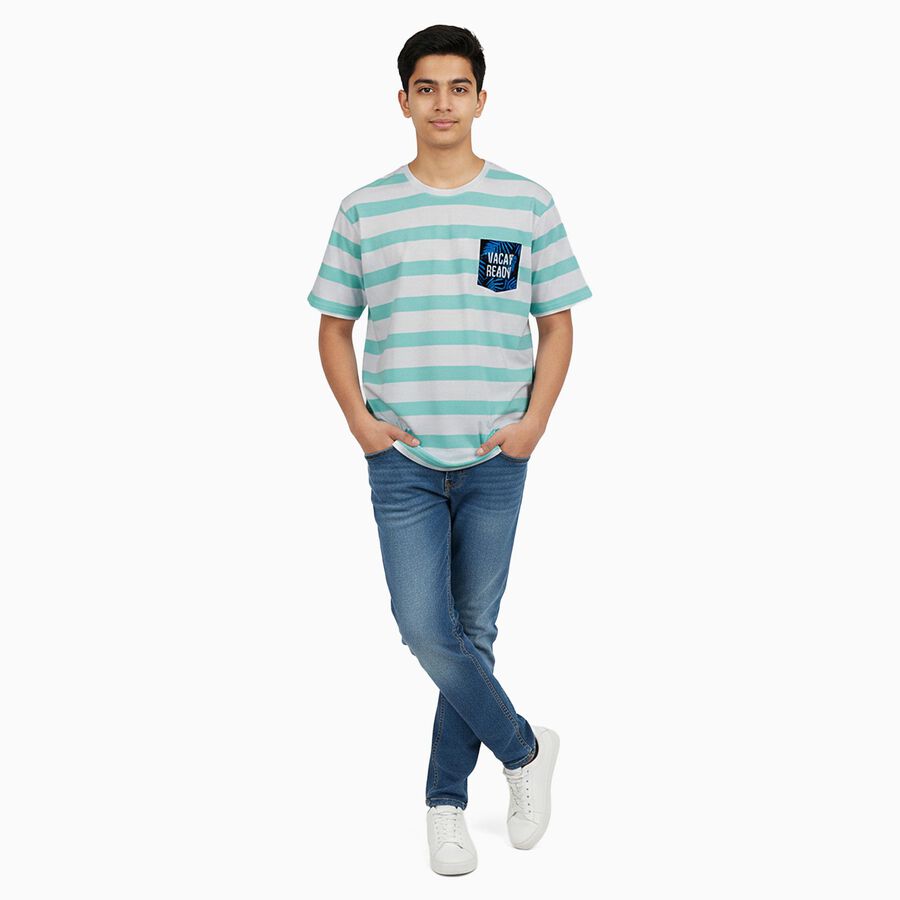 Boys Bright Aqua Blue Cotton Crew Neck Casual T-Shirt, Aqua, large