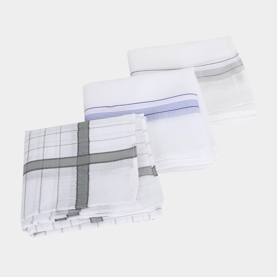 Men's White Striped and Checked Pack of 3 Handkerchief, हल्का ग्रे, large