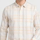 Men's Cream Cotton Long Sleeve Spread Collar Shirt, ऑफ व्हाइट, small
