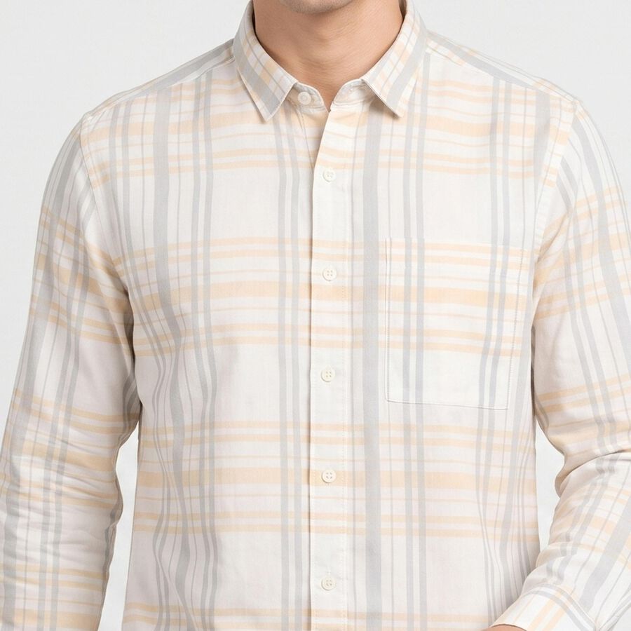 Men's Cream Cotton Long Sleeve Spread Collar Shirt, ऑफ व्हाइट, large
