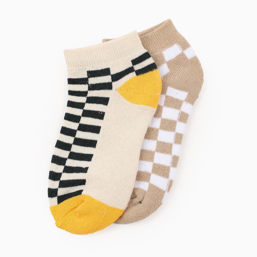 Boys' Beige and Black Regular Fit Checkered Ankle-Length Socks Pack of 2, White, large image number null