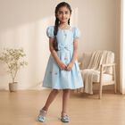 Girls' Aqua Fit and Flare Embellished Bow Detail Frock, एक्वा, small
