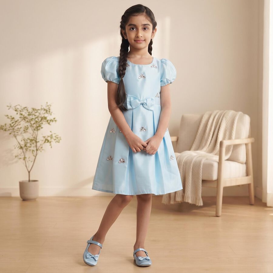 Girls' Aqua Fit and Flare Embellished Bow Detail Frock, एक्वा, large