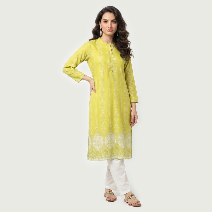 Women's Light Green Round Neck Printed Straight Kurta, हल्का हरा, large