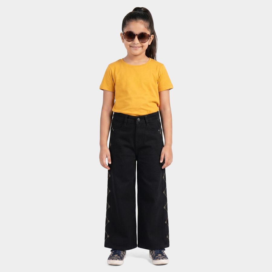Girls Black Wide Leg Side Stitch Detail Jeans, काला, large