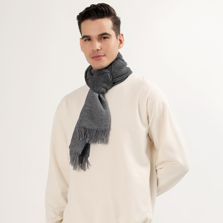 Men's Muted Charcoal Grey Acrylic Geometric Muffler, Melange Mid Grey, large image number null