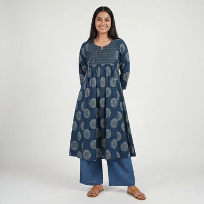 Women's Teal Notch Neck Printed Kurta