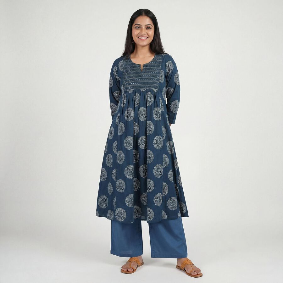 Women's Teal Notch Neck Printed Kurta, टील ब्लू, large