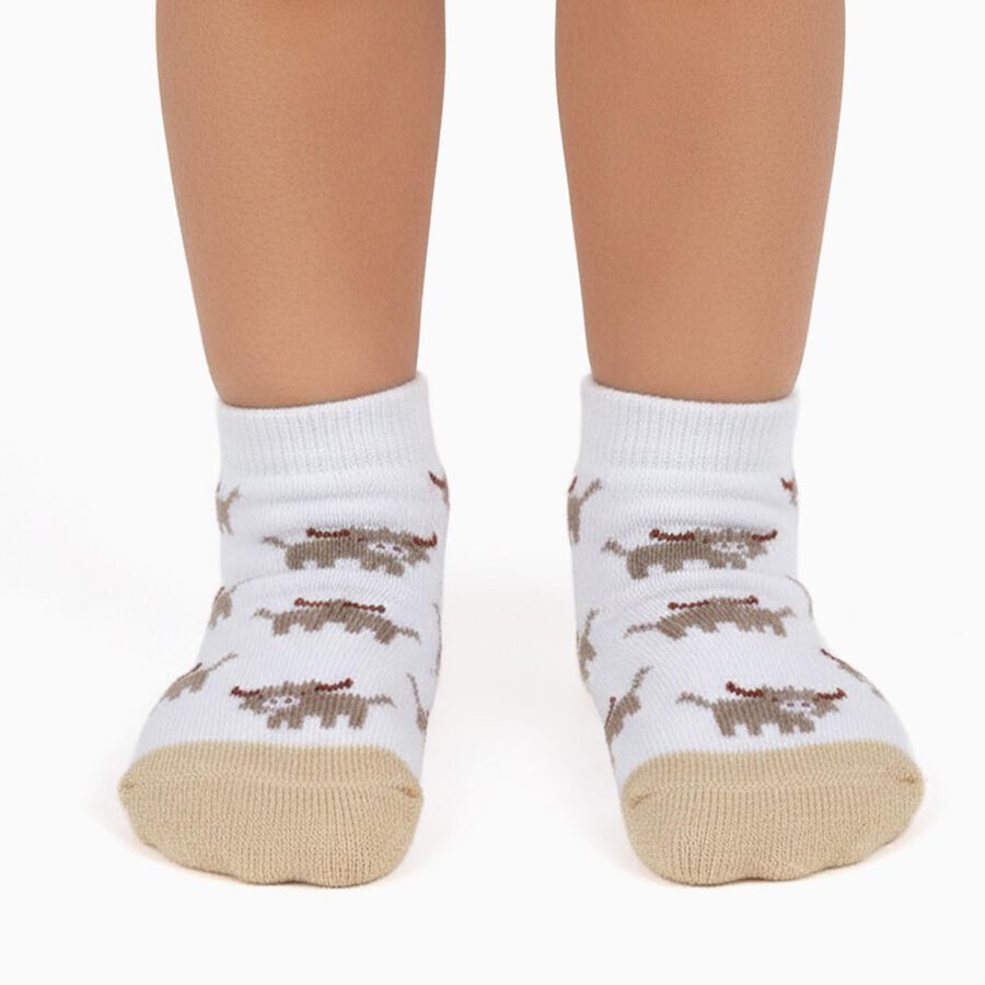 Infants White and Brown Regular Fit Animal and Stripe Design Pack of 2 Socks, काला, large image number null