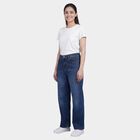 Women's Light Blue High-Rise Straight Fit Washed Jeans, मध्यम नीला, small