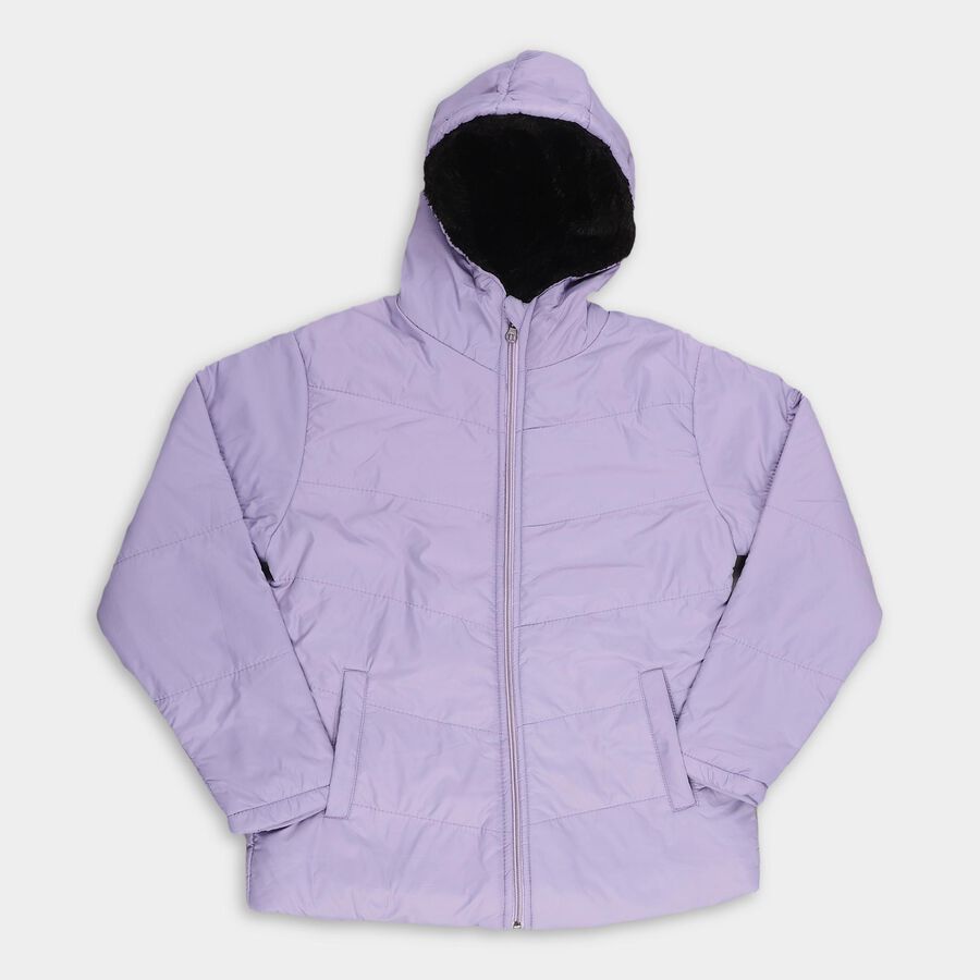 Girls Light Lavender Hooded Casual Jacket, Purple, large image number null