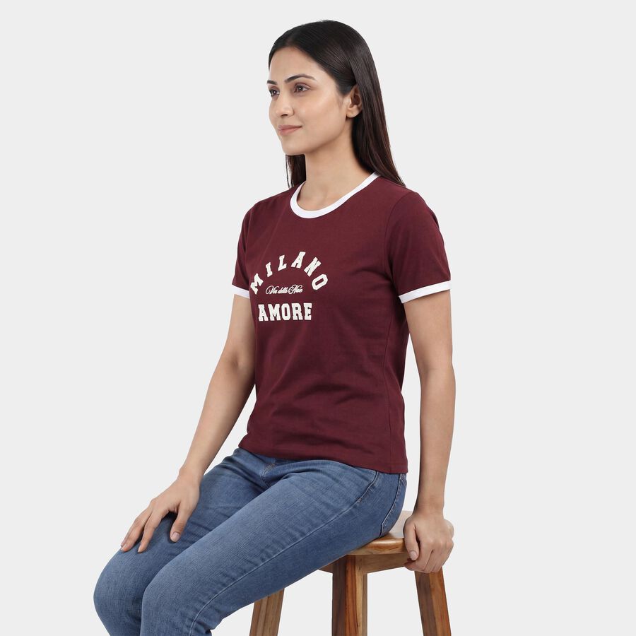 Women's Wine Round Neck Casual T-Shirt, Wine, large