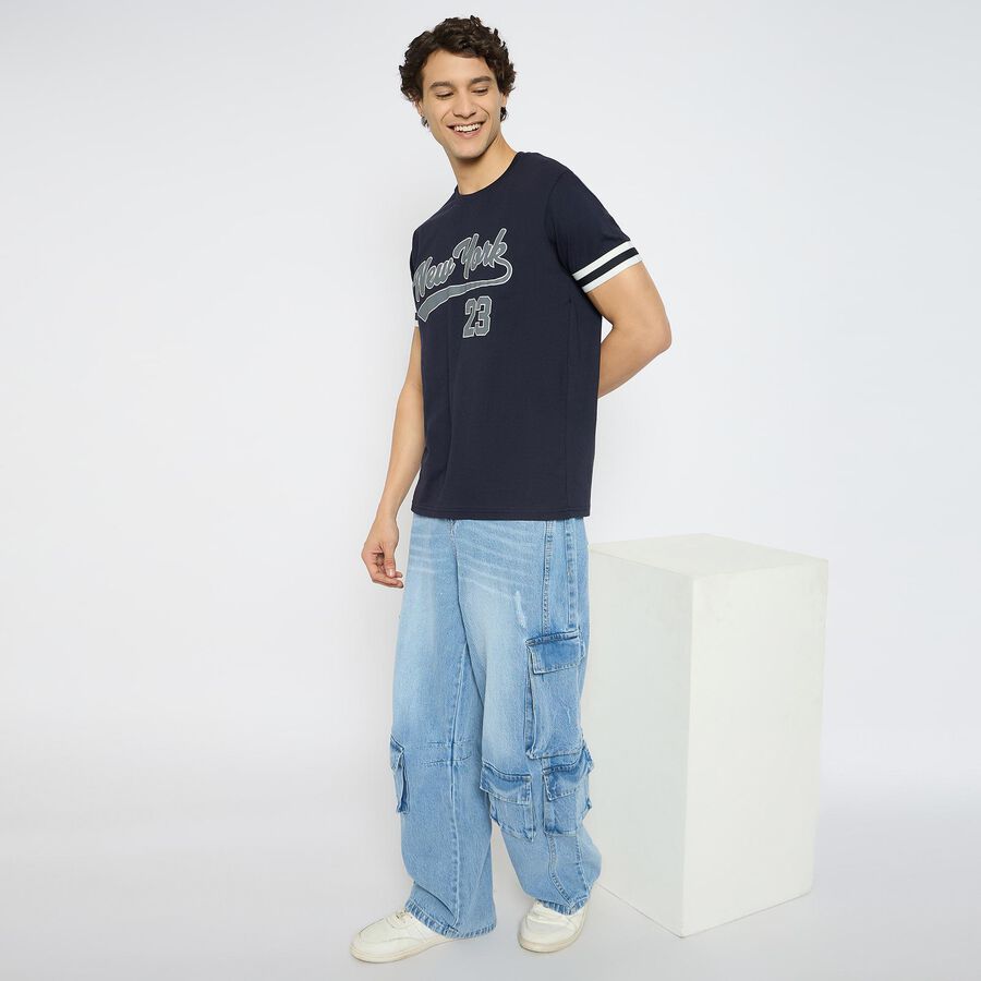 Men's 100% Cotton Round Neck Half Sleeves T-Shirt , नेवी ब्लू, large