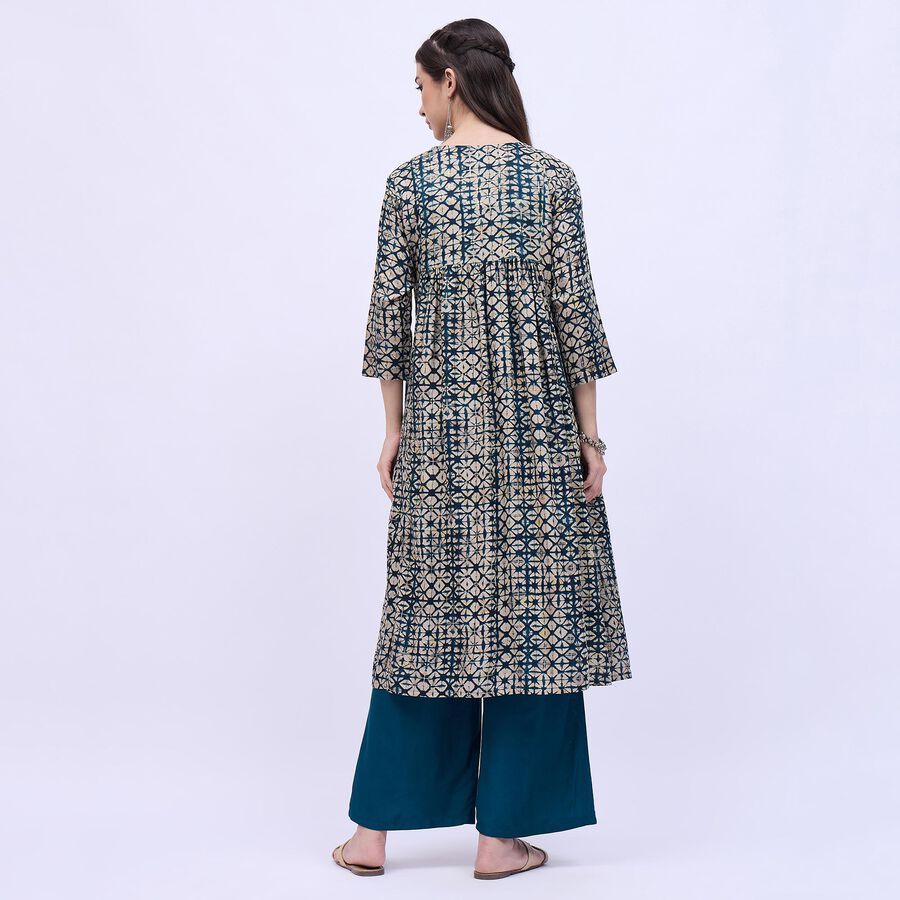 Women's Dark Teal Green Notch Neck Printed Kurta, टील ब्लू, large