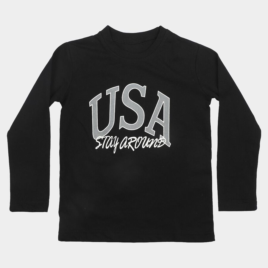 Boys Black Round Neck Regular Boys T-Shirt, Black, large