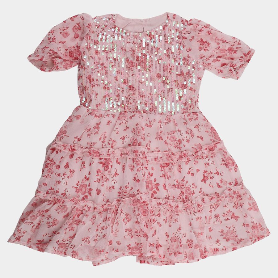 Girls' Pink Round Neck Ruffle Sleeve Fit and Flare Dress, Light Pink, large