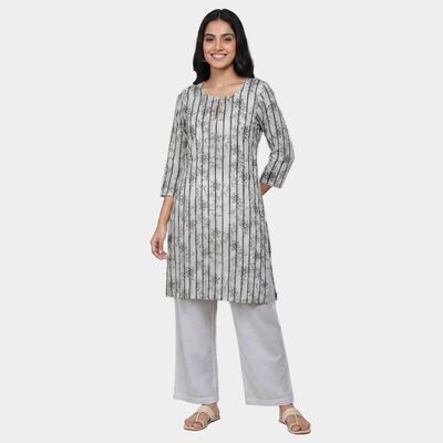 Women's Grey Notch Neck Textured Straight Kurta