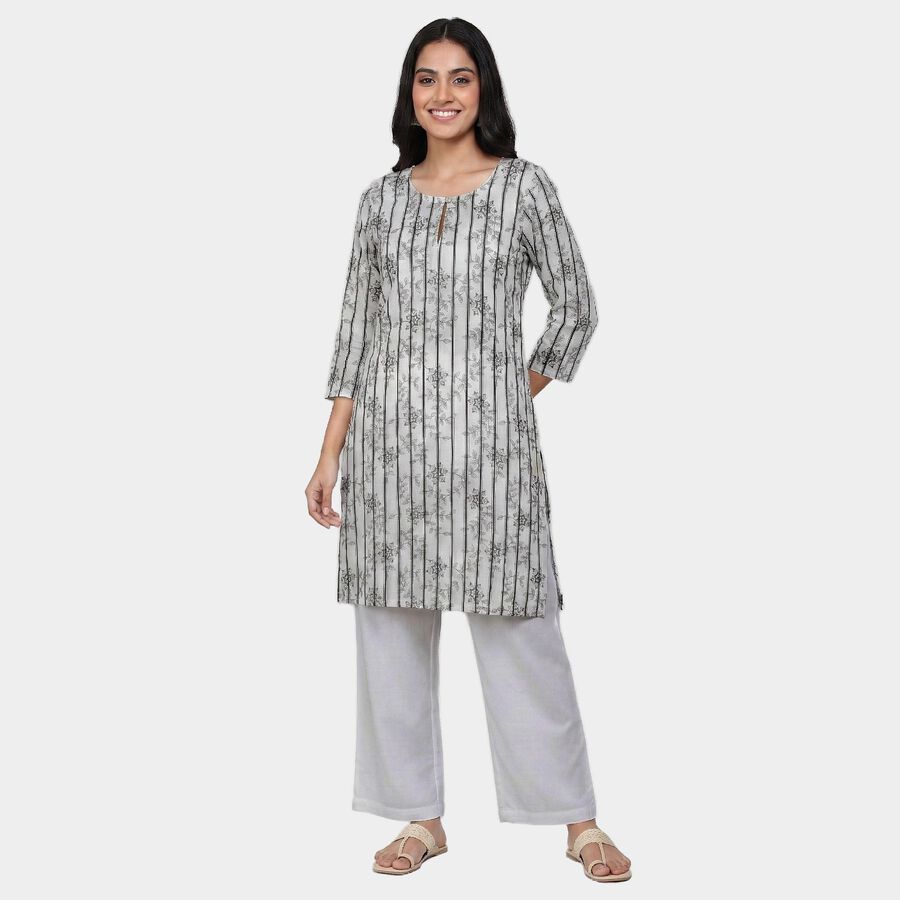 Women's Grey Notch Neck Textured Straight Kurta, Light Grey, large