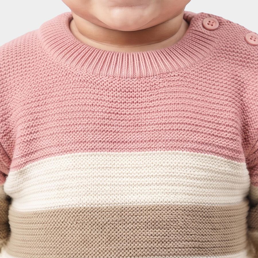 Infants' Pink Crew Neck Striped Pullover, गुलाबी, large