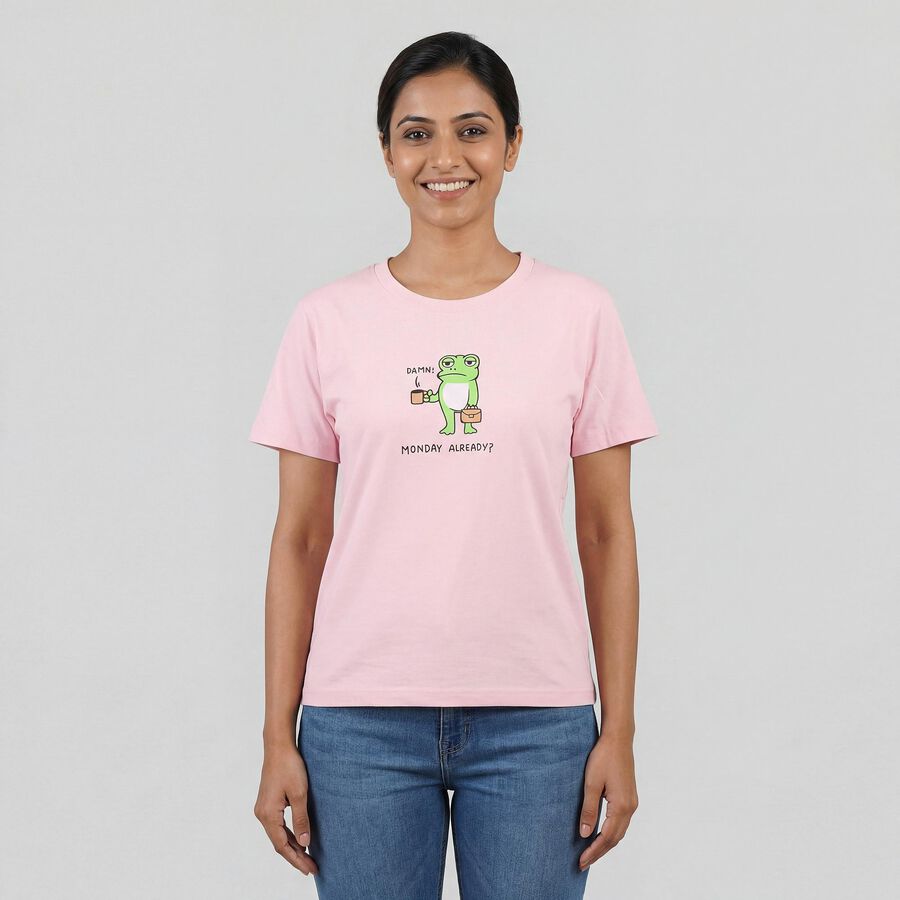 Women's Light Pink Cotton Round Neck Casual T-Shirt, Light Pink, large