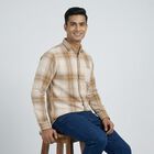Men's Beige Cotton Button-Down Casual Shirt, Beige, small