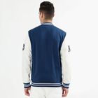 Men's Deep Midnight Navy Blue and Ivory White Striped Collar Varsity Sweatshirt, Mid Blue, small image number null