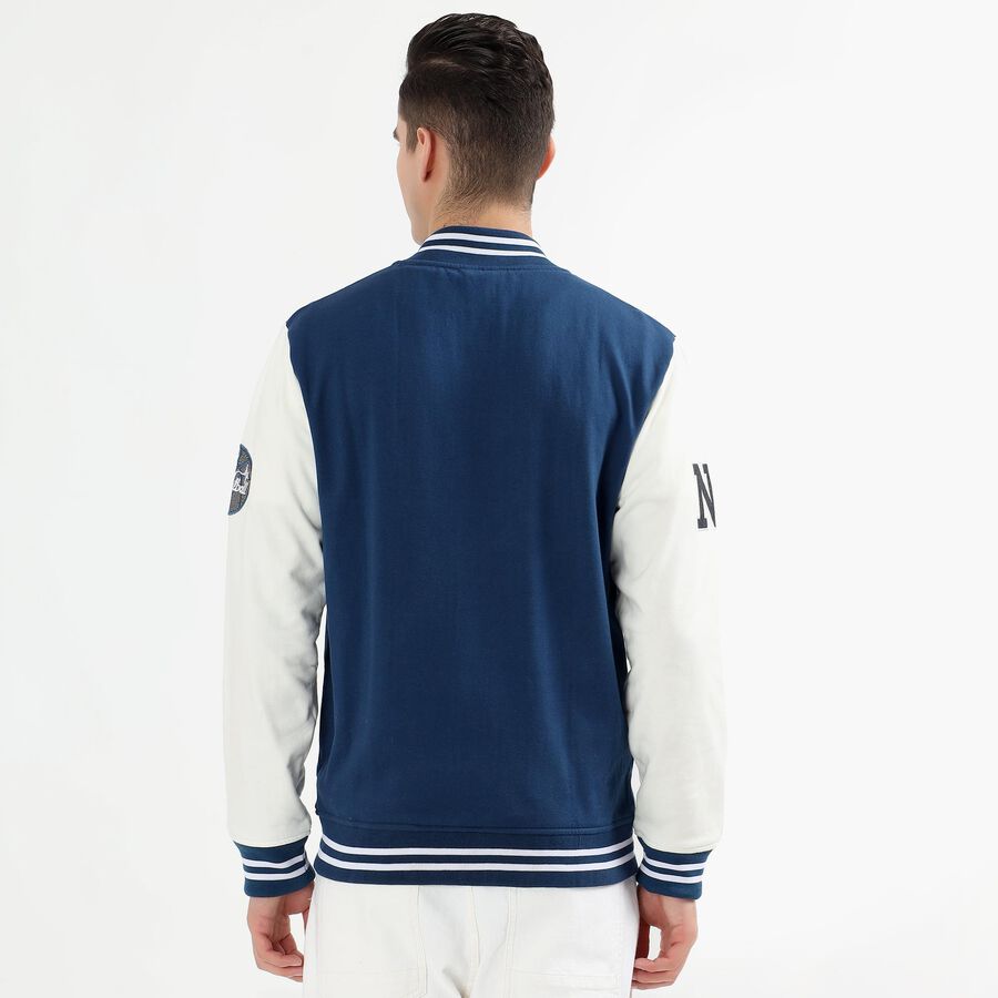Men's Deep Midnight Navy Blue and Ivory White Striped Collar Varsity Sweatshirt, Mid Blue, large image number null