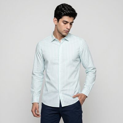 Men's Mint Green Cotton Slim Fit Striped Shirt