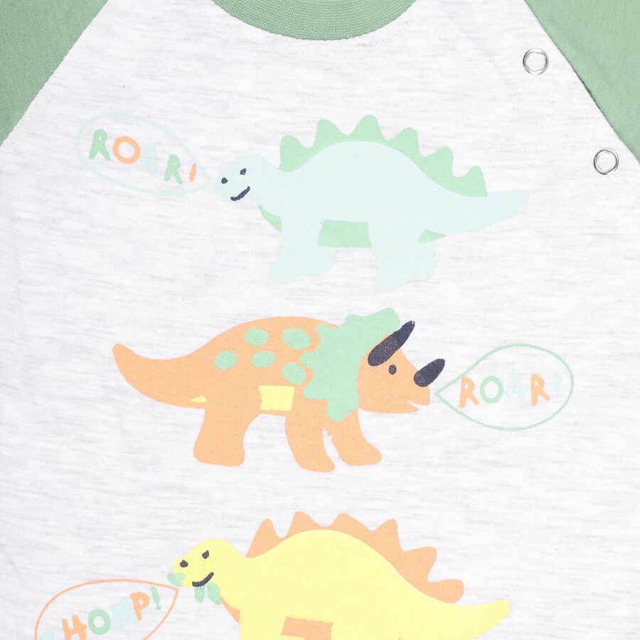 Infants' Olive Cotton Round Neck Dinosaur Printed Baba Suit, Olive, large image number null