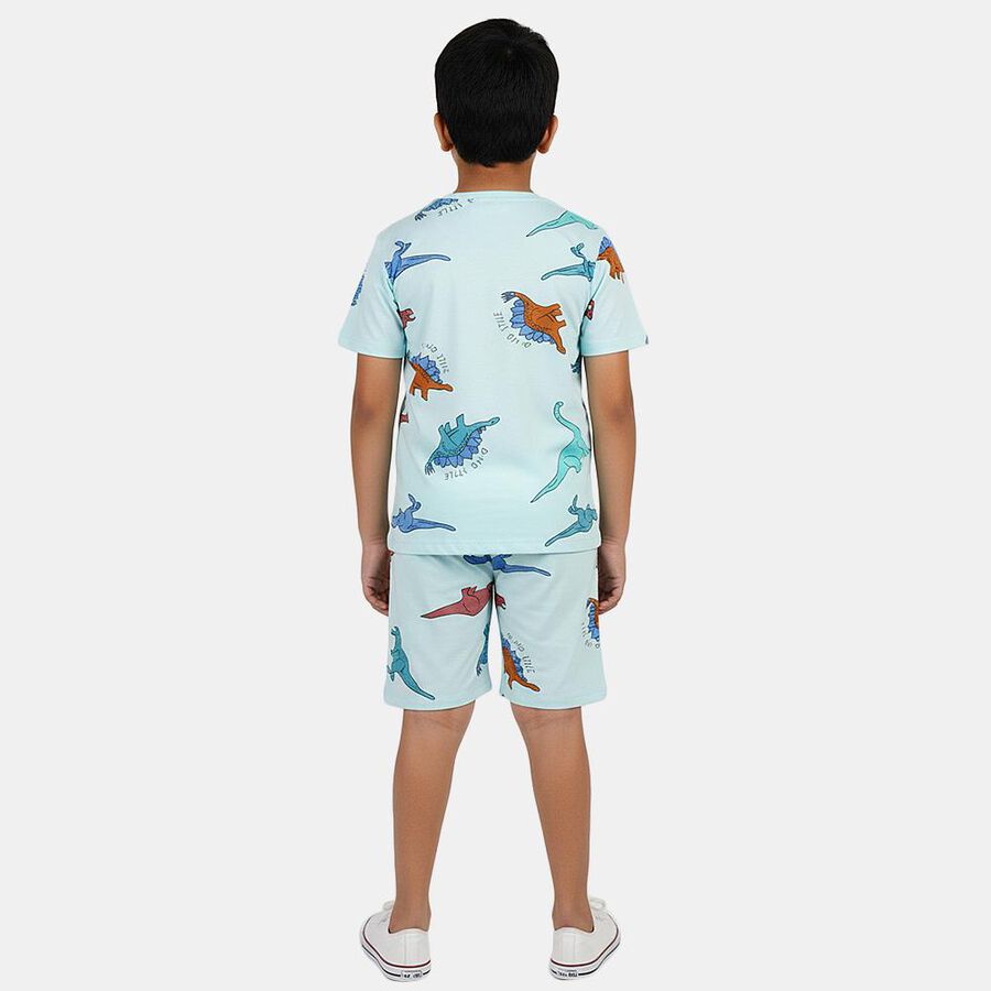 Boys' Mint Green Cotton Notched Collar Animal Printed Night Suit, हल्का हरा, large