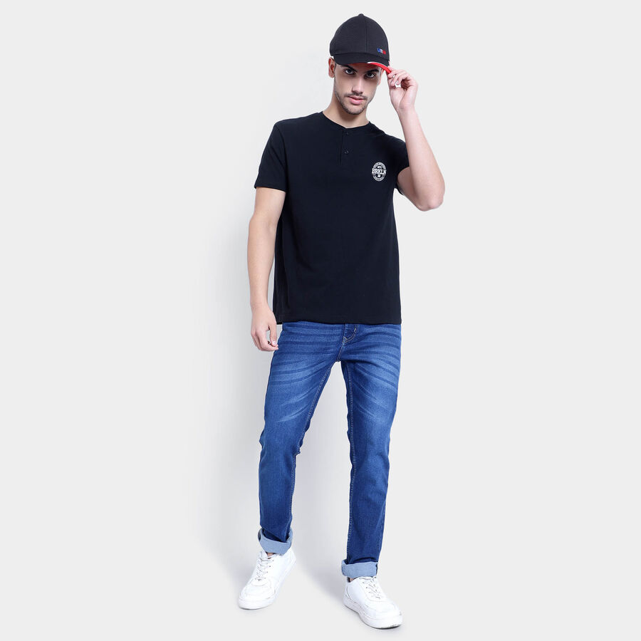 Cotton Solid Henley T-Shirt, Black, large image number null