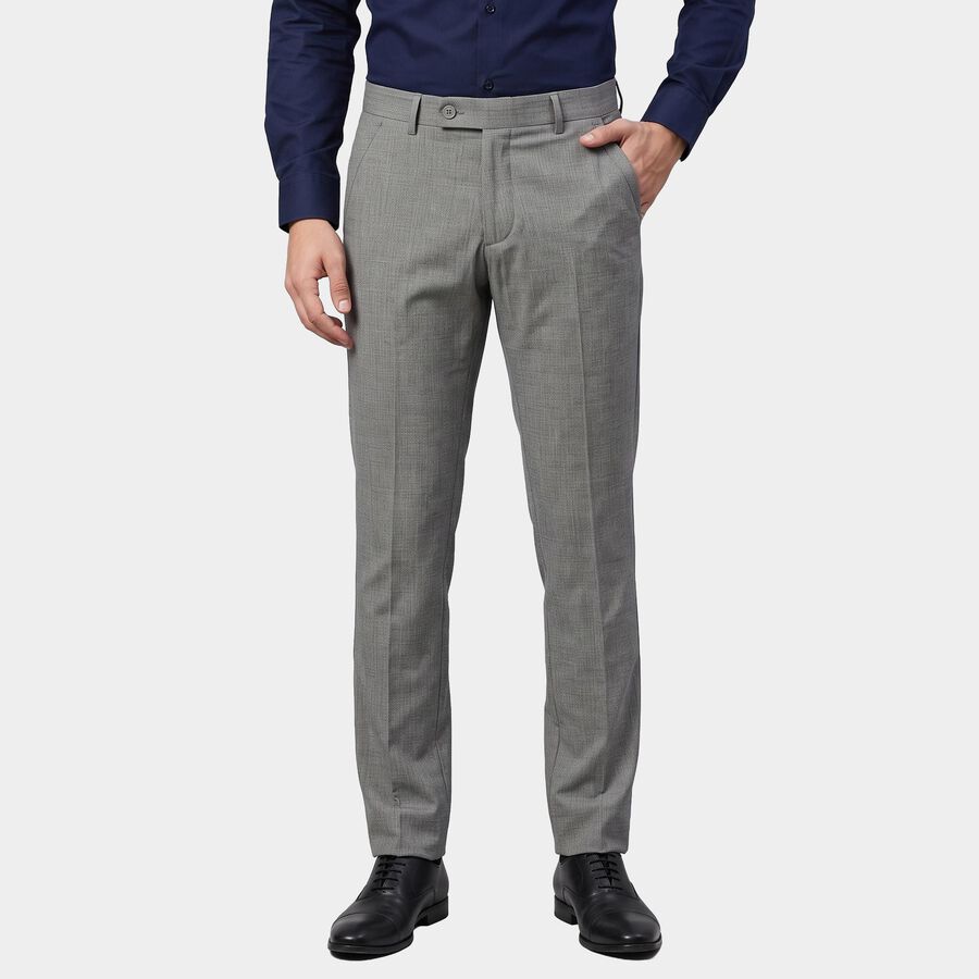 Men's Grey Slim Fit Flat-Front Formal Trousers, हल्का ग्रे, large