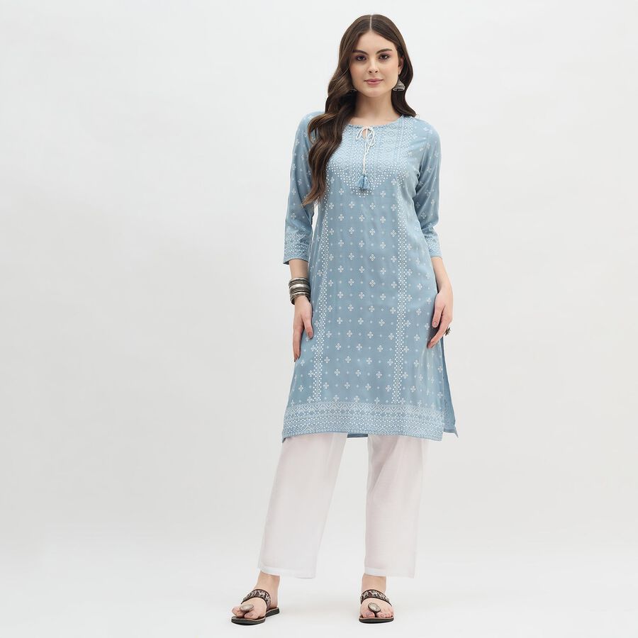 Women's Sky Blue Tie-Up Neck Printed Kurti, Light Grey, large