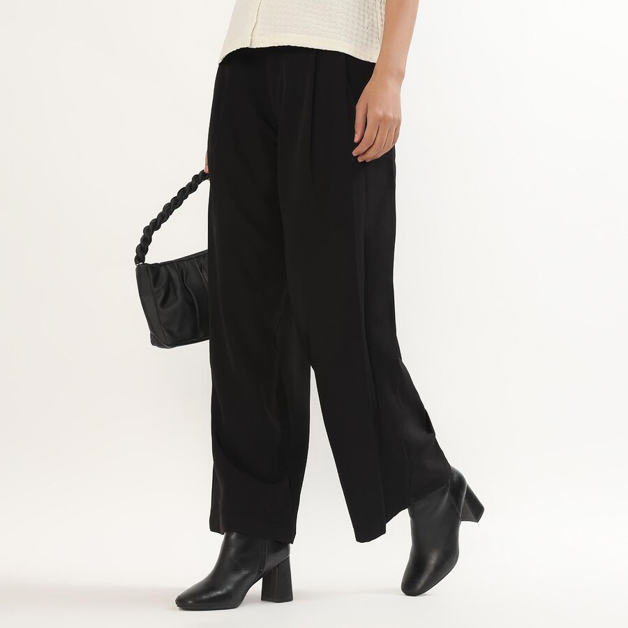 Women's Jet Black Wide-Leg Pleated Trousers, काला, large