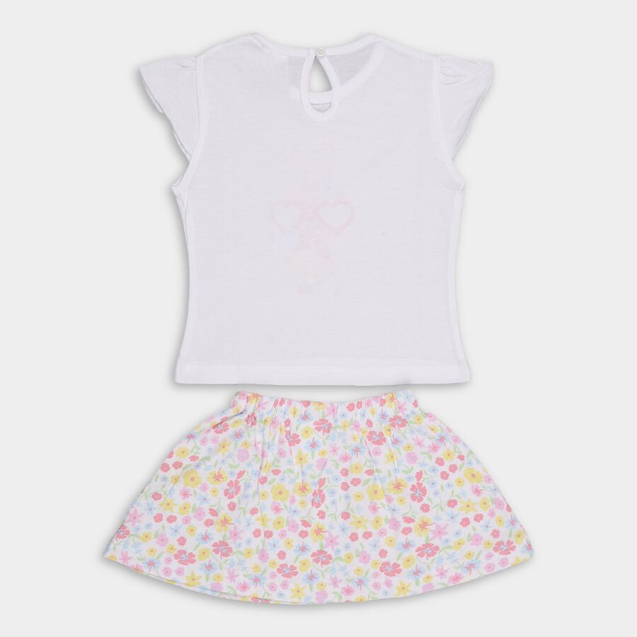 Girls' White Cotton Cap Sleeve Top and Floral Skirt Set, White, large image number null