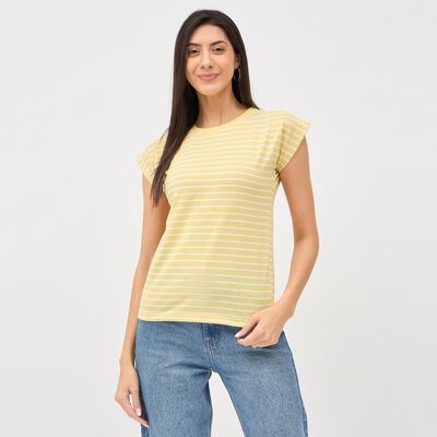 Women's Soft Yellow Round Neck Striped T-Shirt