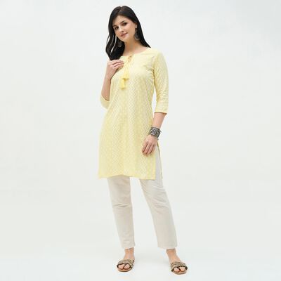 Women's Soft Lemon Yellow Round Neck Printed Kurta