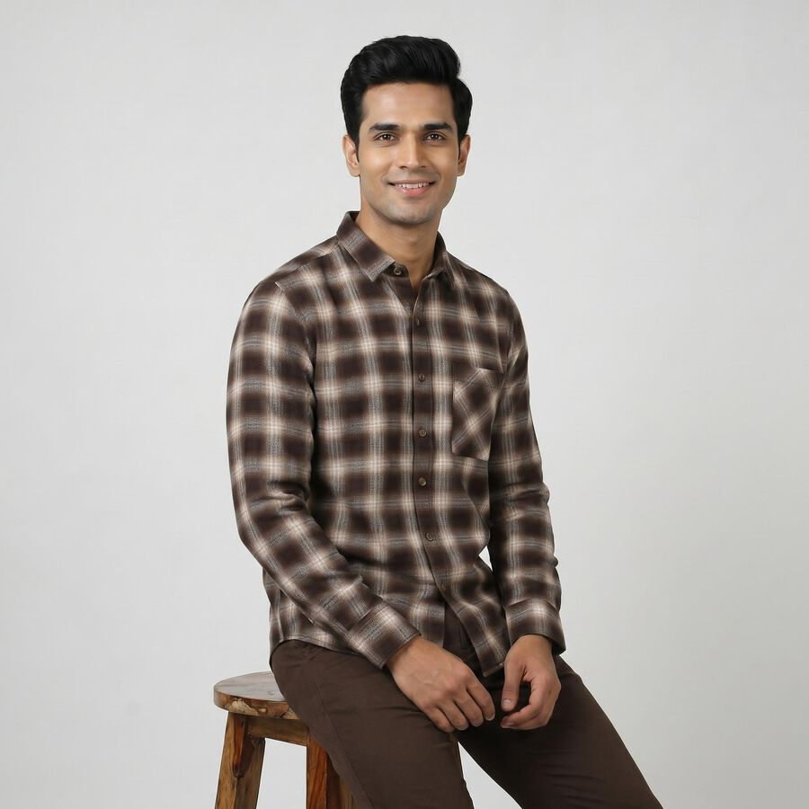 Men's Brown Cotton Long Sleeve Regular Fit Casual Shirt, भूरा, large