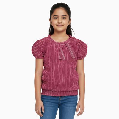 Girls' Deep Rose Pink Round Neck Puff Sleeve Textured T-Shirt