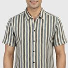 Men's Cream Geometric Regular Fit Casual Shirt, Off White, small