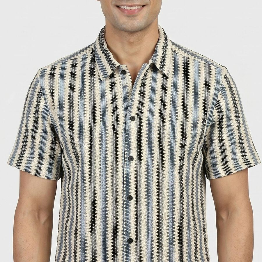Men's Cream Geometric Regular Fit Casual Shirt, Off White, large