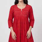 Women's Fuchsia Cotton Notch Neck Embroidered Flared Kurta, रानी (फ्यूशिया), small