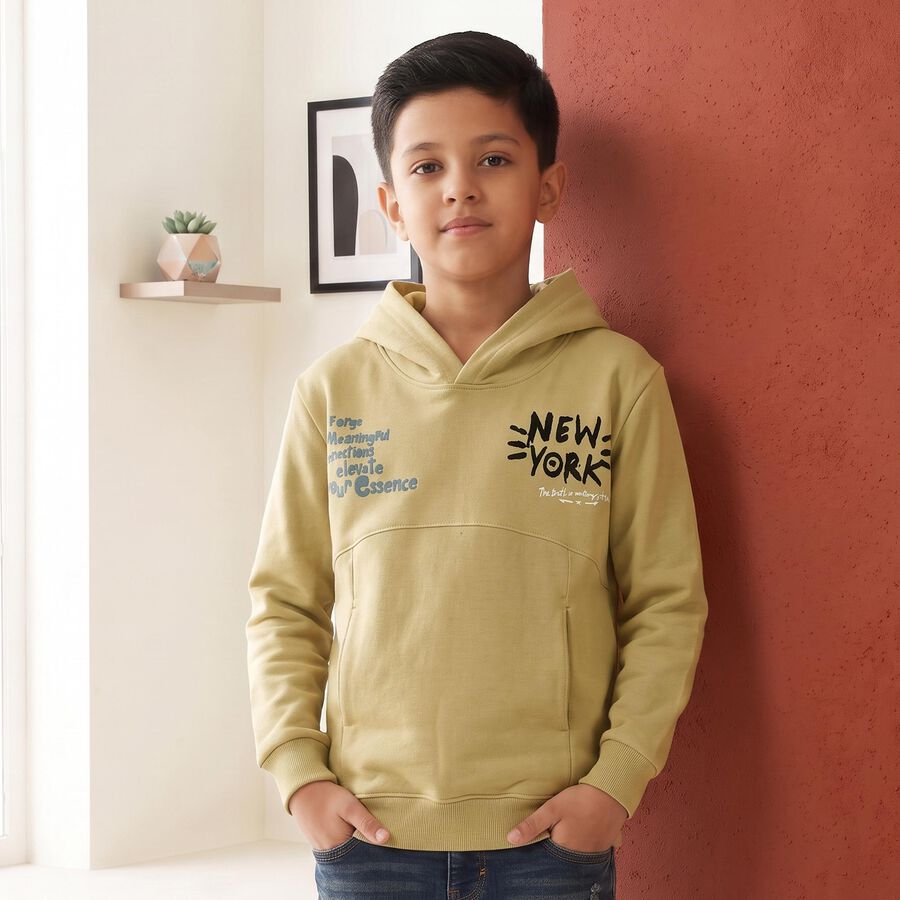 Boys' Olive Green Hoodie Neck Graphic Print Sweatshirt, ओलिव, large