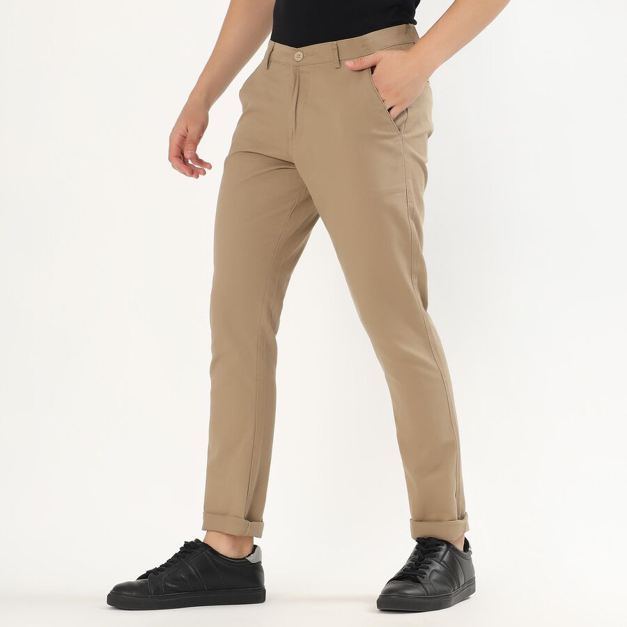Men's Muted Beige Slim Fit Flat-Front Casual Trousers, Beige, large