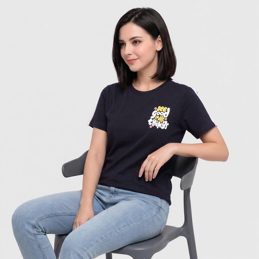 Women's Navy Blue Round Neck Regular T-Shirt, नेवी ब्लू, large