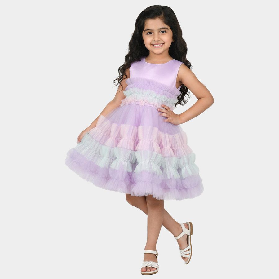 Girls' Lavender Fit and Flare Tiered Ruffle Party Wear Frock, Lilac, large